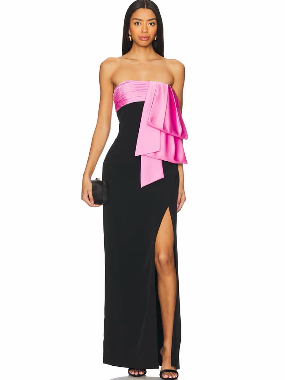 AMUR Melodie Bow Gown in Black & Pink Cosmo Revolve Black Tie Wedding Guest Dres